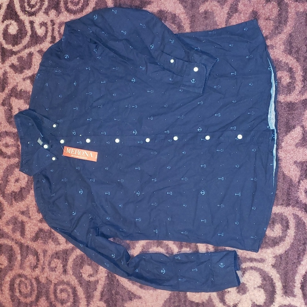NWT Mens Navy Blue Anchor Print Button Down Shirt XL
